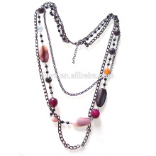 Fashion Long Natural Agate Stone Gunblack Brass Chain Necklace
